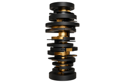 Layered black and gold abstract stack representing CMS orchestration, workflow control and sovereign asset governance.