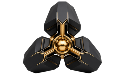 Black and gold three-part abstract structure representing autonomous incident response, coordinated intervention and rapid threat containment.