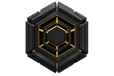 Black and gold hexagonal abstract structure representing sovereign cloud security, controlled access layers and protected infrastructure boundaries.