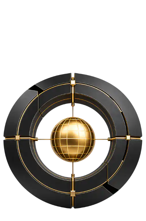 Abstract black and gold circular structure surrounding a central golden globe, representing commerce architecture, global transaction flow and enterprise commerce systems.