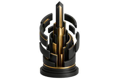 Matte black and metallic gold abstract tower representing compliance control, risk reduction and governed security architecture.