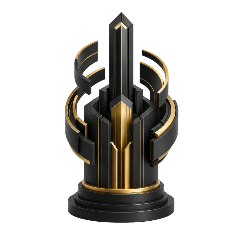 Abstract black and gold architectural structure representing continuous monitoring, SLA orchestration and governed platform performance oversight.