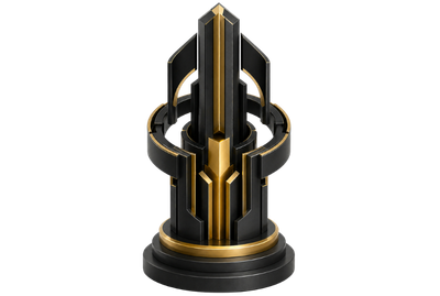 Abstract black and gold geometric monument representing Core Web Vitals optimisation, fast delivery architecture and governed digital performance.