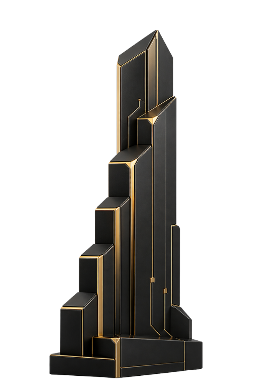 Abstract black and gold stepped tower representing corporate website architecture, governed digital presence and enterprise-grade brand infrastructure.