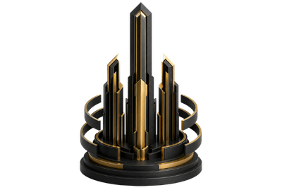 Abstract black and gold tower composition representing data protection governance, cyber resilience and structured compliance management.
