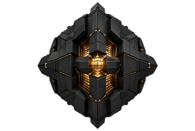Matte black and gold geometric cloud structure representing distributed cloud resilience, high-availability architecture and governed system continuity.