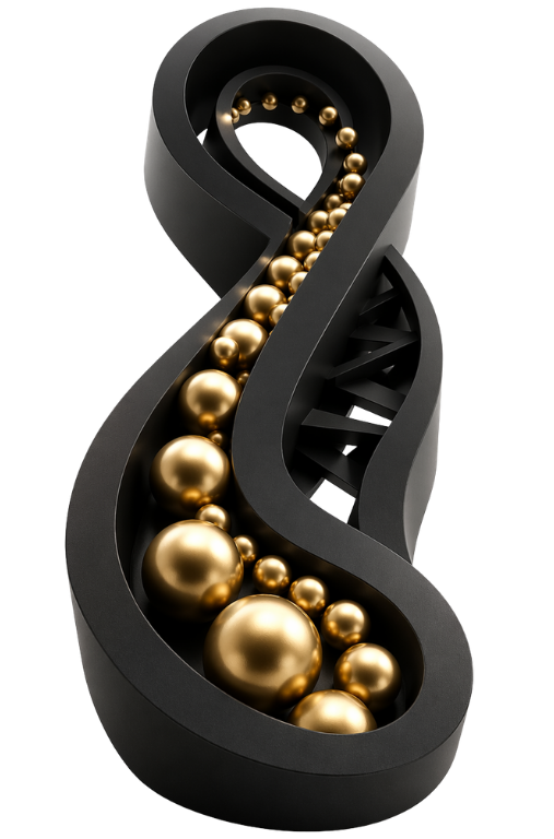 Abstract black and gold infinity-shaped structure with flowing golden spheres, representing enterprise commerce, continuous transaction flow, scalability and operational continuity.