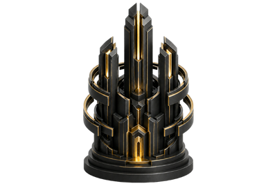 Matte black and metallic gold abstract form representing enterprise risk mitigation, security hardening and regulatory defence architecture.