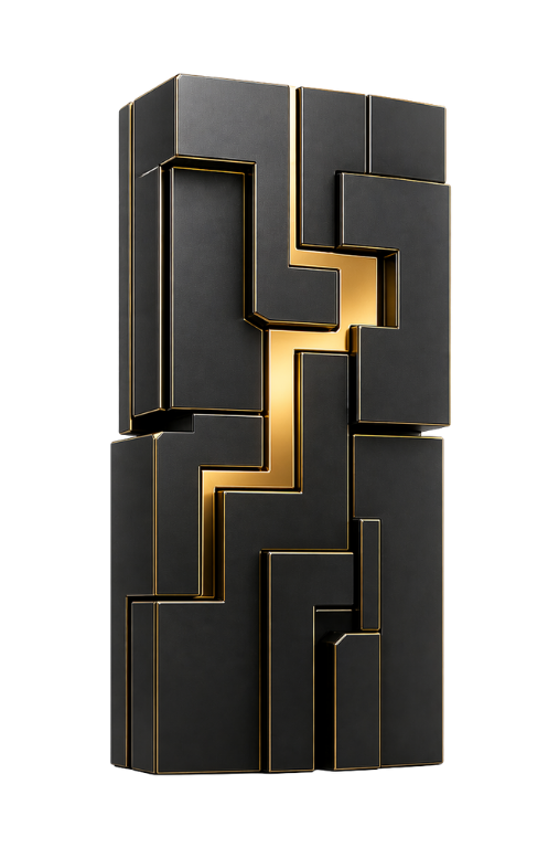 Abstract black and gold modular structure representing enterprise WordPress architecture in the UAE, symbolising governed CMS architecture, security, control and scalable digital infrastructure.