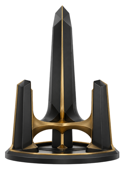 Matte black and metallic gold abstract tower representing escalation governance, response hierarchy and platform stability control.