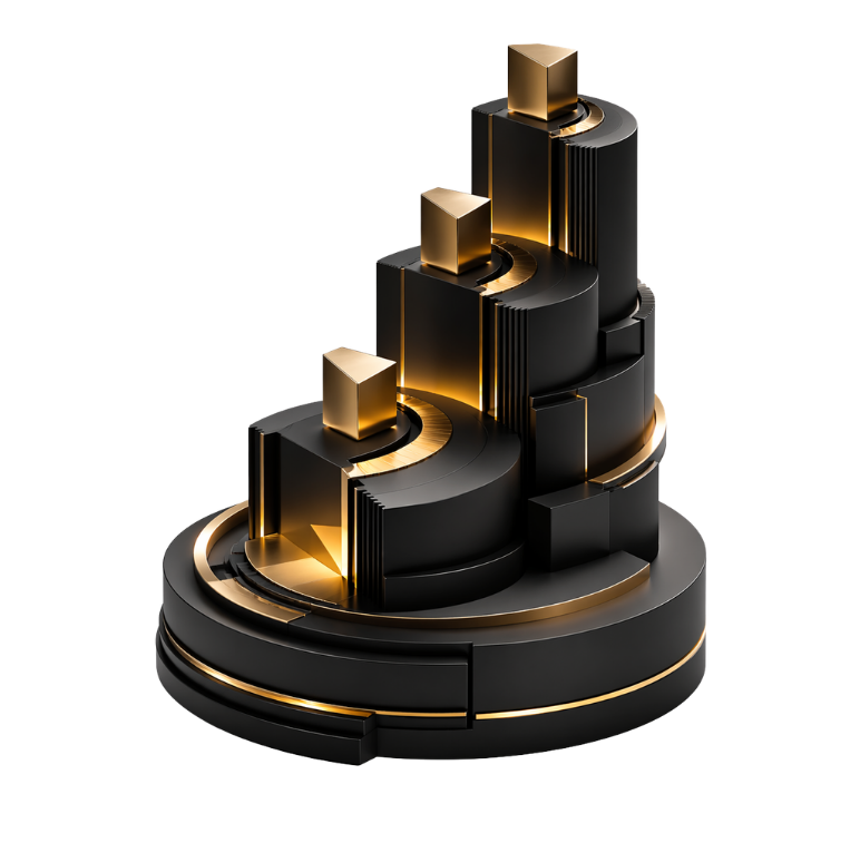 Black and gold tiered structure representing GCC payment routing, commercial precision and scalable commerce governance.