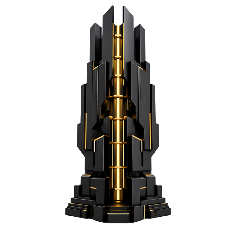 Vertical black and gold abstract structure representing hardened WordPress architecture, LCP control and secure deployment standards.