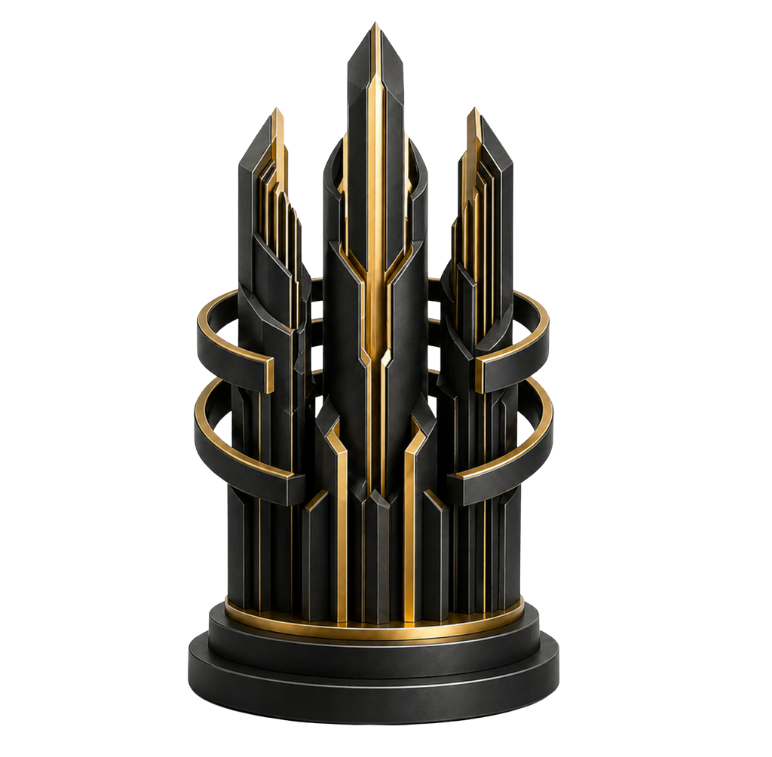 Black and gold multi-column abstract structure representing high-speed infrastructure, performance orchestration and sub-2.5 second platform delivery.
