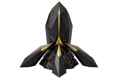 Matte black and gold abstract crystalline structure representing infrastructure resilience, governed recovery and operational continuity under pressure.