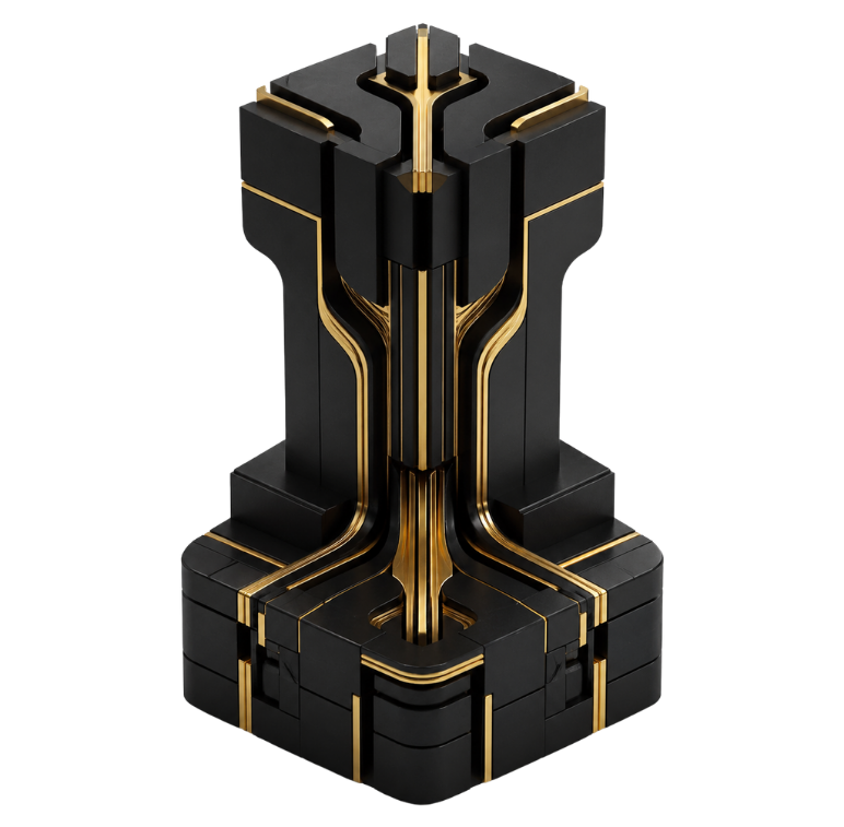 Black and gold structured core representing inventory control, product data governance and enterprise commerce operations.