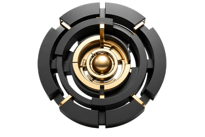 Circular black and gold abstract engine representing Laravel API orchestration, system integration and governed data flow.