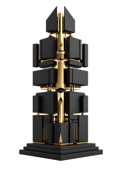 Matte black and gold abstract tower representing the AELION Core Framework, modular Laravel architecture and controlled enterprise logic.