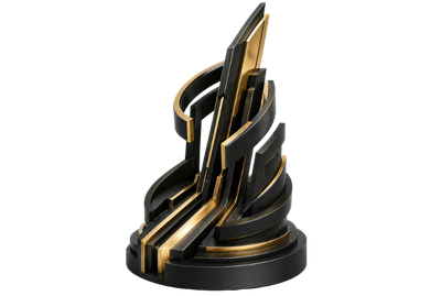 Matte black and metallic gold abstract sculpture representing latency reduction, rendering efficiency and performance-led infrastructure engineering.