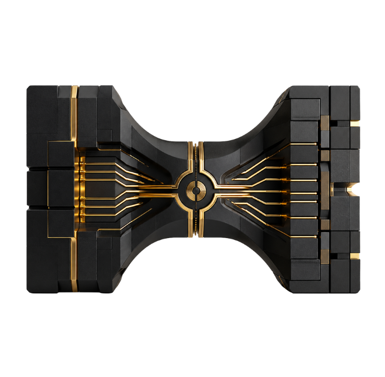 Black and gold abstract bridge structure representing mobile-to-backend synchronisation, API connectivity and governed data exchange.