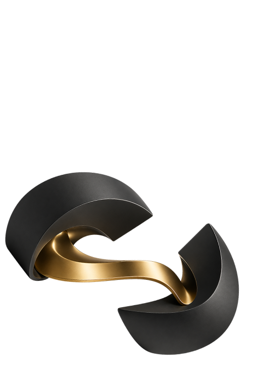 Abstract black and gold sculptural form with two curved outer shells connected by a flowing metallic ribbon, representing adaptive mobile architecture, structural continuity and controlled system flow.