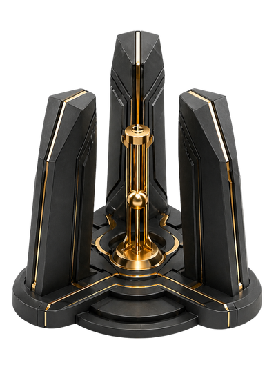Black and gold tri-pillar abstract framework representing governed mobile deployment, release control and operational stability.