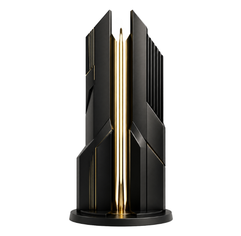 Matte black and gold pillar representing modular enterprise DXP architecture, structured publishing and scalable content governance.
