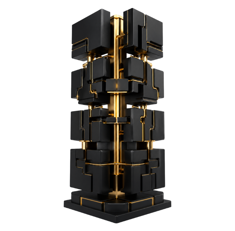 Black and gold modular tower representing event-driven Laravel systems where independent modules scale and fail safely.