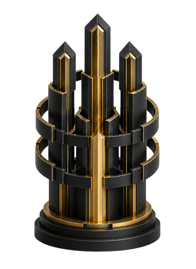 Black and gold abstract multi-column structure representing layered security architecture, access control and PDPL compliance enforcement.