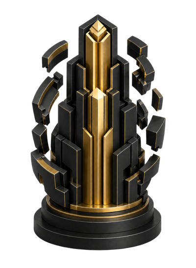 Abstract black and gold architectural form representing PDPL security governance, compliance control and protected digital infrastructure in the UAE.