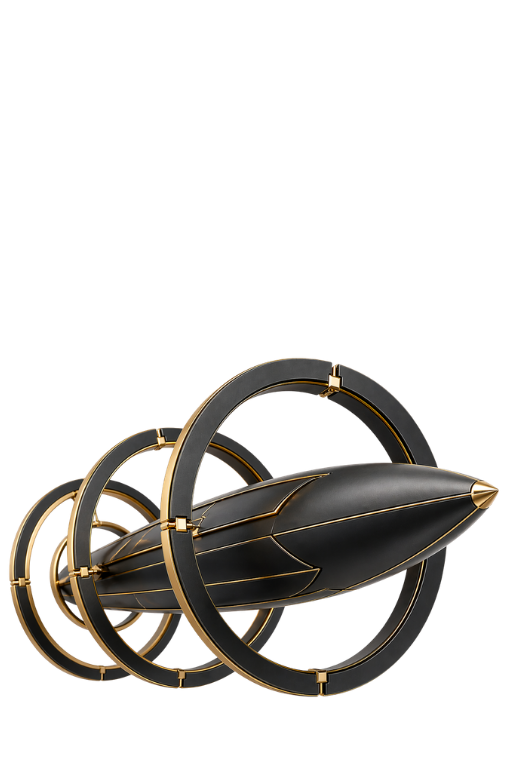 Abstract black and gold orbital structure representing platform SLA governance, incident response coordination and controlled operational continuity.