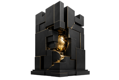 Black and gold fractured abstract core representing protected content authority, access control and governed digital ownership.