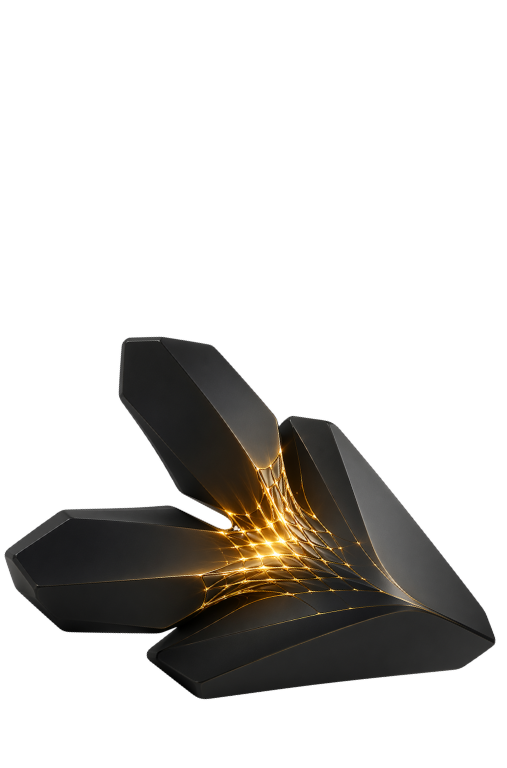 Abstract black and gold geometric structure with a glowing web-like core, representing search intelligence, generative architecture and connected knowledge systems.
