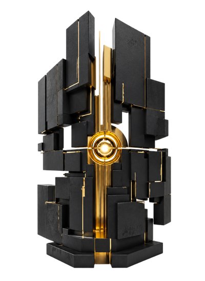 Matte black and gold abstract structure representing search intelligence, signal clarity and AI-ready content architecture.