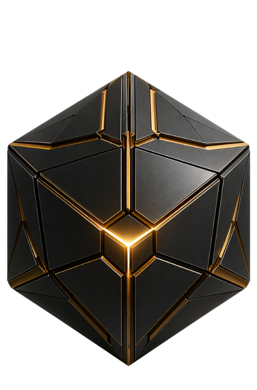 Abstract black and gold geometric cube with a glowing central core, representing security architecture, data protection and PDPL audit control in the UAE.