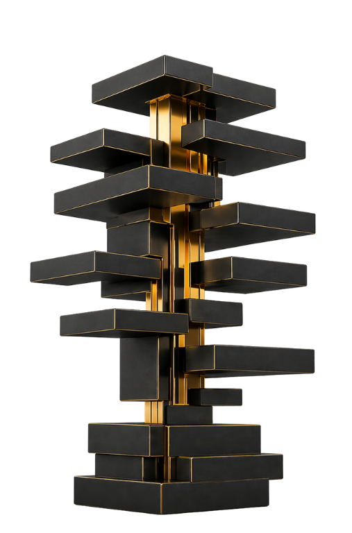 Abstract black and gold layered geometric structure symbolising sovereign asset governance, modular control, and enterprise-grade digital infrastructure.