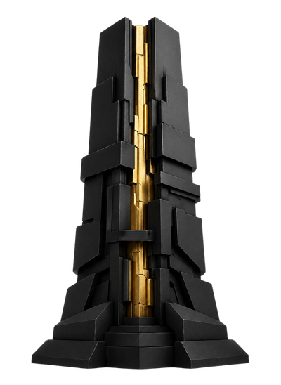 Matte black and gold vertical structure representing sovereign CMS governance, asset control and enterprise content architecture.