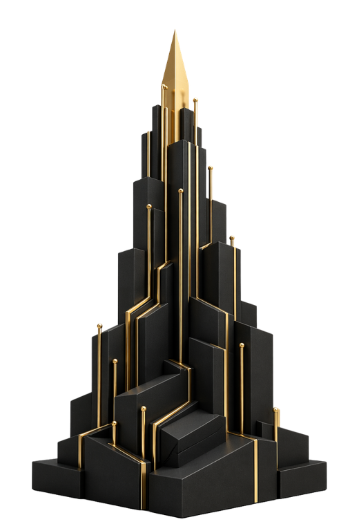 Abstract black and gold tower representing sovereign cloud architecture, secure infrastructure control and enterprise-grade hosting governance.