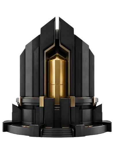 Matte black and gold abstract architectural structure representing sovereign cloud control, secure infrastructure governance and resilient hosting foundations.