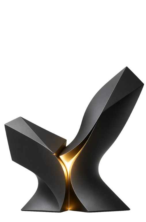 Abstract black and gold geometric sculpture with two intersecting angular forms and a luminous central seam, representing sovereign engineering, structural precision and controlled execution in Dubai.