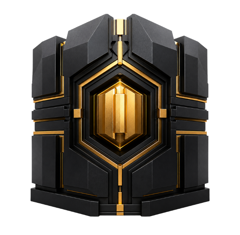 Black and gold abstract vault-like structure representing sovereign cloud architecture, secure hosting environments and infrastructure control.