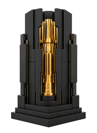 Matte black and gold abstract core representing structured data, authority signals and machine-readable content architecture.