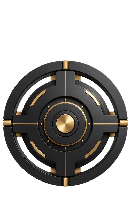 Abstract black and gold circular geometric structure with concentric rings and a central core, representing precision-engineered speed, control and sub-2.5 second performance architecture.