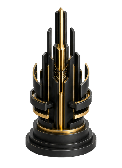 Abstract black and gold vertical structure representing sub-2.5 second performance architecture, speed governance and low-latency digital infrastructure.