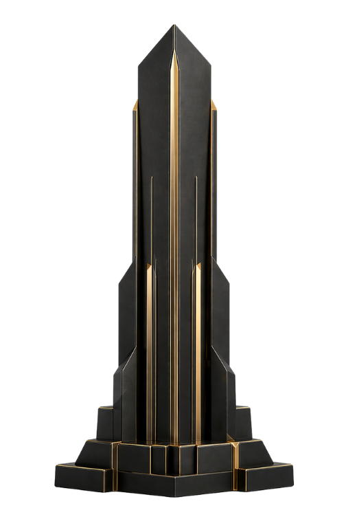 Abstract black and gold vertical tower representing AELION as an institutional digital infrastructure firm, governed execution and strategic command authority.