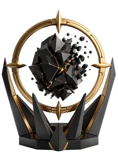 Abstract black and gold circular structure with fragmented core representing threat isolation, containment protocols and autonomous eradication.