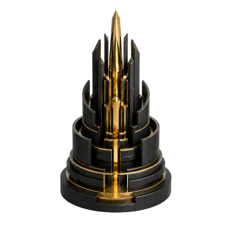 Abstract black and gold architectural sculpture representing UAE security audits, PDPL compliance and governed digital risk management.