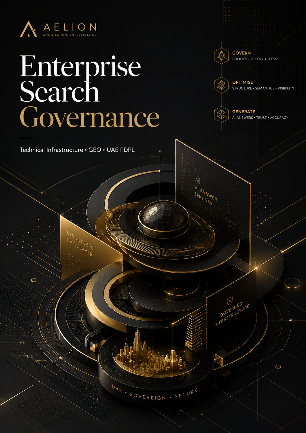 Portrait cover image representing enterprise search governance, GEO, structured data, AI answer engines, and UAE PDPL-compliant digital infrastructure.