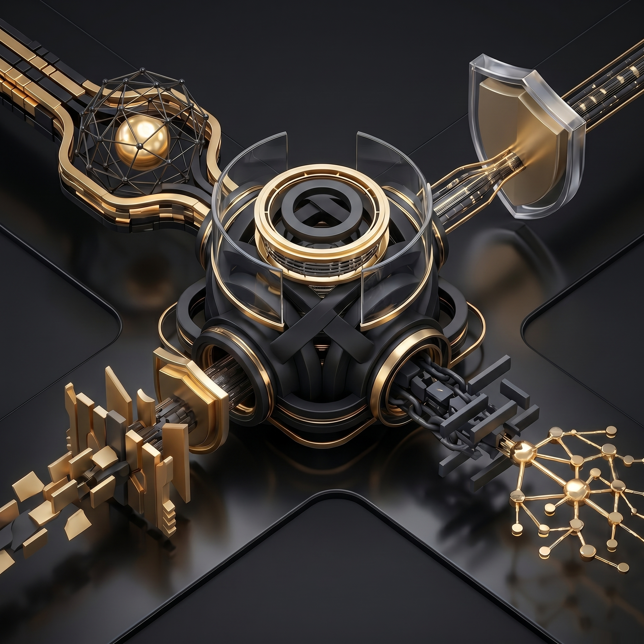 Abstract black and gold governance core representing enterprise search infrastructure, structured data pathways, AI answer engine readiness, and UAE PDPL compliance.