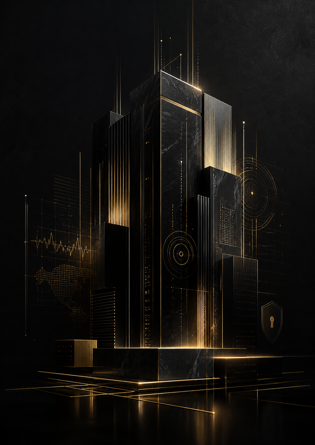Title attribute format: Enterprise SLA Governance Dubai Abstract black and gold enterprise infrastructure core representing SLA governance, uptime monitoring and data security in Dubai.