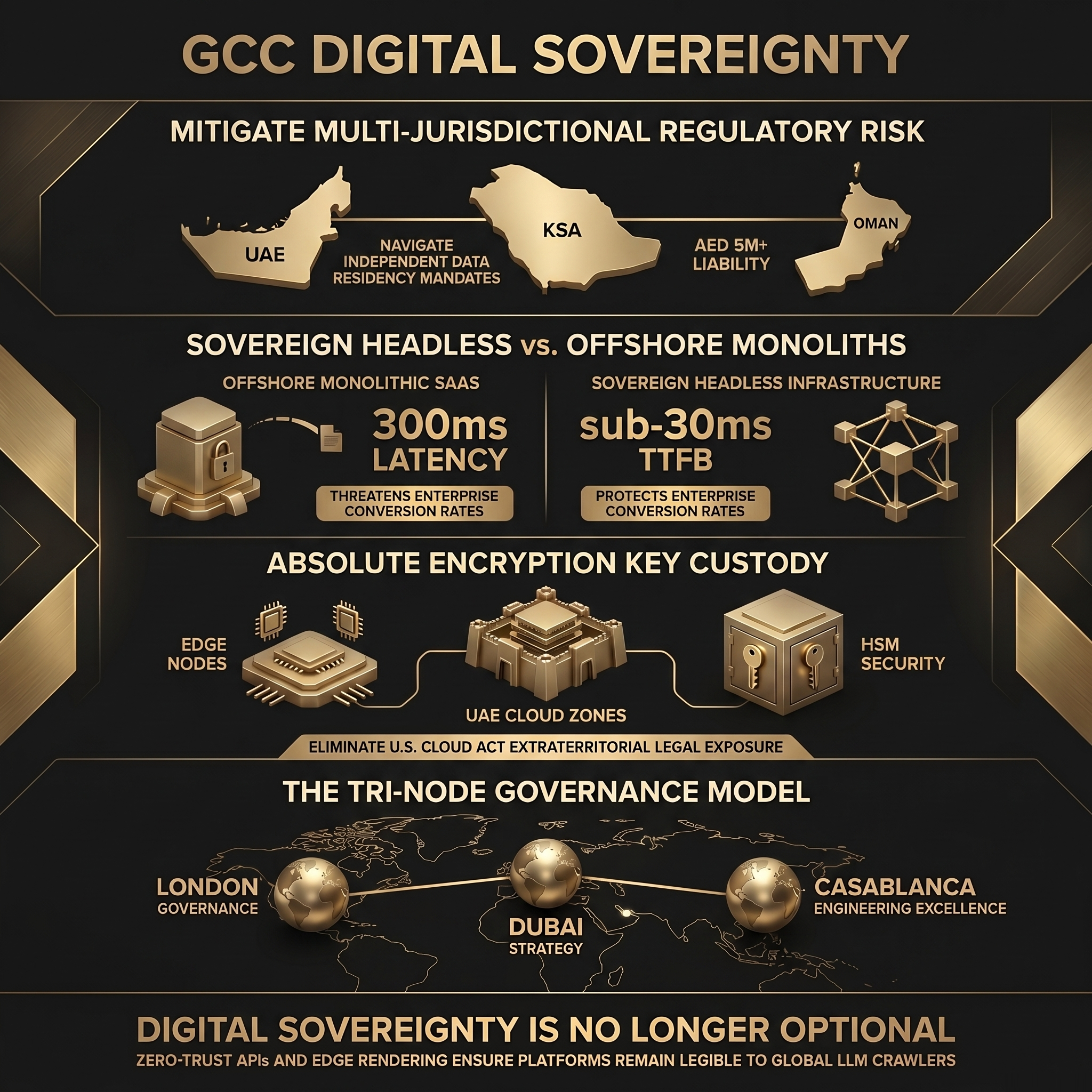 Title attribute format: Architecting Cross-Border Compliance & Unified Data Standards Enterprise infographic explaining GCC digital sovereignty, UAE PDPL compliance, sovereign headless infrastructure, and cross-border data governance architecture